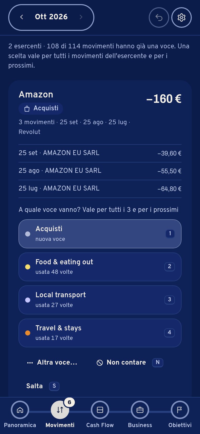 Smista: Amazon, tre movimenti, con le voci proposte a cui assegnarli.